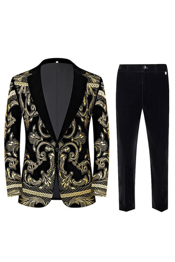 Trajes de fiesta de 2 piezas con solapa con muescas de jacquard dorado para hombre